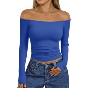Trendy Queen Womens Long Sleeve Off The Shoulder Tops Going Out Cute Basic Y2K Fall Fashion 2025 Outfits Clothes(Royalblue)