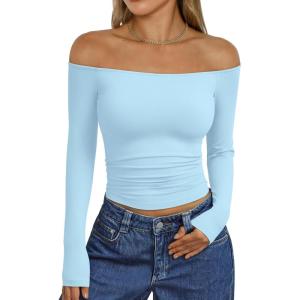 Trendy Queen Womens Long Sleeve Off The Shoulder Tops Going Out Cute Basic Y2K Fall Fashion 2025 Outfits Clothes(Sky Blue)