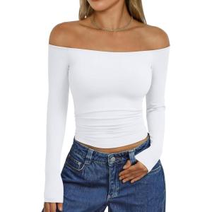 Trendy Queen Womens Long Sleeve Off The Shoulder Tops Going Out Cute Basic Y2K Fall Fashion 2025 Outfits Clothes(White)