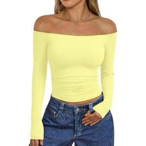 Trendy Queen Womens Long Sleeve Off The Shoulder Tops Going Out Cute Basic Y2K Fall Fashion 2025 Outfits Clothes(Yellow)