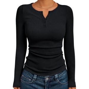 Trendy Queen Womens Long Sleeve Shirts 2025 Henley Casual Fall Outfits Fitted Tops Ribbed Fashion Basic Tees(Black)
