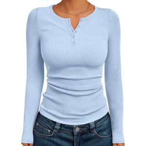Trendy Queen Womens Long Sleeve Shirts 2025 Henley Casual Fall Outfits Fitted Tops Ribbed Fashion Basic Tees(Blue)