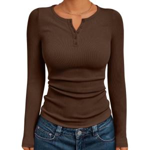Trendy Queen Womens Long Sleeve Shirts 2025 Henley Casual Fall Outfits Fitted Tops Ribbed Fashion Basic Tees(Coffee)