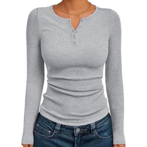 Trendy Queen Womens Long Sleeve Shirts 2025 Henley Casual Fall Outfits Fitted Tops Ribbed Fashion Basic Tees(Grey)