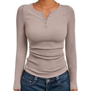 Trendy Queen Womens Long Sleeve Shirts 2025 Henley Casual Fall Outfits Fitted Tops Ribbed Fashion Basic Tees(Taupe)