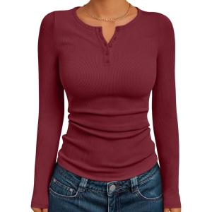 Trendy Queen Womens Long Sleeve Shirts 2025 Henley Casual Fall Outfits Fitted Tops Ribbed Fashion Basic Tees(Winered)