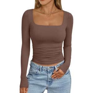 Trendy Queen Womens Long Sleeve Shirts Crop Tops Basic Square Neck Going Out Fall Fashion 2025 Fitted Clothes Workout Outfits(Coffee)