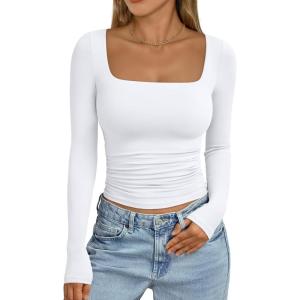 Trendy Queen Womens Long Sleeve Shirts Crop Tops Basic Square Neck Going Out Fall Fashion 2025 Fitted Clothes Workout Outfits(White)