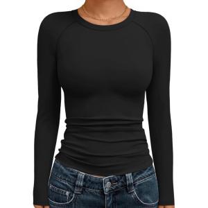 Trendy Queen Womens Long Sleeve Shirts Crop Tops Basic Workout Tees Going Out for Teen Girls(Black)