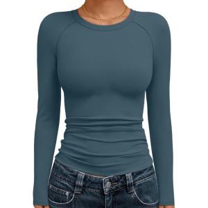 Trendy Queen Womens Long Sleeve Shirts Crop Tops Basic Workout Tees Going Out for Teen Girls(Hazeblue)