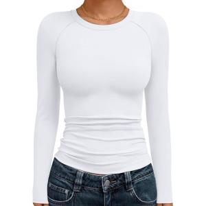 Trendy Queen Womens Long Sleeve Shirts Crop Tops Basic Workout Tees Going Out for Teen Girls(White)