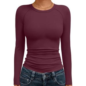 Trendy Queen Womens Long Sleeve Shirts Crop Tops Basic Workout Tees Going Out for Teen Girls(Wine)