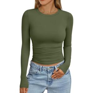 Trendy Queen Womens Long Sleeve Shirts Crop Tops Fall Fashion 2025 Going Out Basic Winter Clothes(Armygreen)