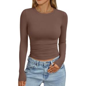 Trendy Queen Womens Long Sleeve Shirts Crop Tops Fall Fashion 2025 Going Out Basic Winter Clothes(Coffee)