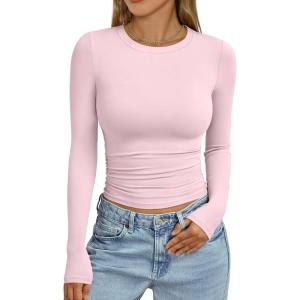 Trendy Queen Womens Long Sleeve Shirts Crop Tops Fall Fashion 2025 Going Out Basic Winter Clothes(Pink)