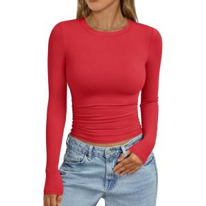Trendy Queen Womens Long Sleeve Shirts Crop Tops Fall Fashion 2025 Going Out Basic Winter Clothes(Red)