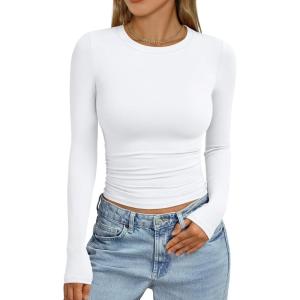 Trendy Queen Womens Long Sleeve Shirts Crop Tops Fall Fashion 2025 Going Out Basic Winter Clothes(White)