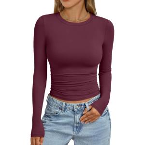 Trendy Queen Womens Long Sleeve Shirts Crop Tops Fall Fashion 2025 Going Out Basic Winter Clothes(Winered)