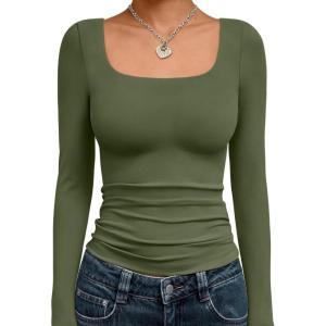 Trendy Queen Womens Long Sleeve Shirts Crop Tops Fall Fashion 2025 Square Neck Going Out Basics Tees Y2k Clothes(Army Green)