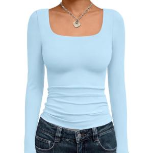 Trendy Queen Womens Long Sleeve Shirts Crop Tops Fall Fashion 2025 Square Neck Going Out Basics Tees Y2k Clothes(Baby Blue)