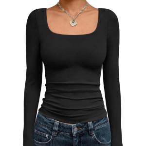 Trendy Queen Womens Long Sleeve Shirts Crop Tops Fall Fashion 2025 Square Neck Going Out Basics Tees Y2k Clothes(Black)