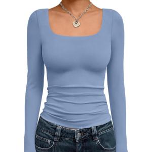 Trendy Queen Womens Long Sleeve Shirts Crop Tops Fall Fashion 2025 Square Neck Going Out Basics Tees Y2k Clothes(Blue Gray)