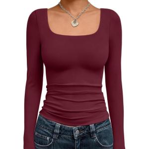 Trendy Queen Womens Long Sleeve Shirts Crop Tops Fall Fashion 2025 Square Neck Going Out Basics Tees Y2k Clothes(Burgundy)