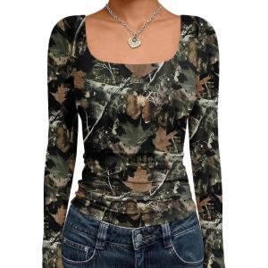 Trendy Queen Womens Long Sleeve Shirts Crop Tops Fall Fashion 2025 Square Neck Going Out Basics Tees Y2k Clothes(Camoblack)