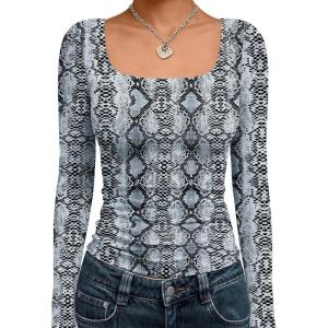 Trendy Queen Womens Long Sleeve Shirts Crop Tops Fall Fashion 2025 Square Neck Going Out Basics Tees Y2k Clothes(Cobra)