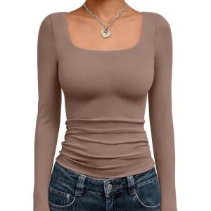 Trendy Queen Womens Long Sleeve Shirts Crop Tops Fall Fashion 2025 Square Neck Going Out Basics Tees Y2k Clothes(Coffee Grey)