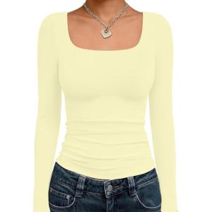 Trendy Queen Womens Long Sleeve Shirts Crop Tops Fall Fashion 2025 Square Neck Going Out Basics Tees Y2k Clothes(Creamy Yellow)