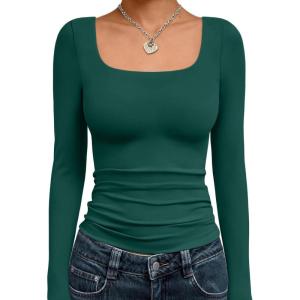 Trendy Queen Womens Long Sleeve Shirts Crop Tops Fall Fashion 2025 Square Neck Going Out Basics Tees Y2k Clothes(Dark Green)