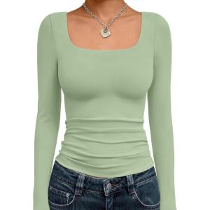 Trendy Queen Womens Long Sleeve Shirts Crop Tops Fall Fashion 2025 Square Neck Going Out Basics Tees Y2k Clothes(Light Green)