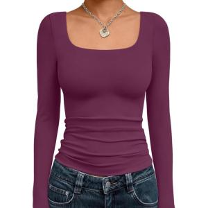 Trendy Queen Womens Long Sleeve Shirts Crop Tops Fall Fashion 2025 Square Neck Going Out Basics Tees Y2k Clothes(Mulberry)