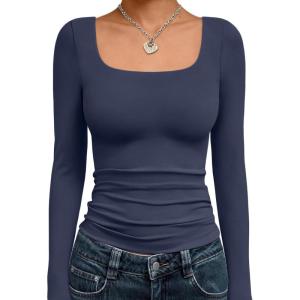 Trendy Queen Womens Long Sleeve Shirts Crop Tops Fall Fashion 2025 Square Neck Going Out Basics Tees Y2k Clothes(Navy)