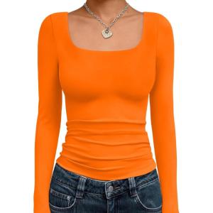 Trendy Queen Womens Long Sleeve Shirts Crop Tops Fall Fashion 2025 Square Neck Going Out Basics Tees Y2k Clothes(Orange)