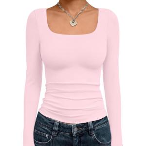 Trendy Queen Womens Long Sleeve Shirts Crop Tops Fall Fashion 2025 Square Neck Going Out Basics Tees Y2k Clothes(Pink)