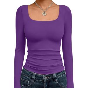Trendy Queen Womens Long Sleeve Shirts Crop Tops Fall Fashion 2025 Square Neck Going Out Basics Tees Y2k Clothes(Purple)