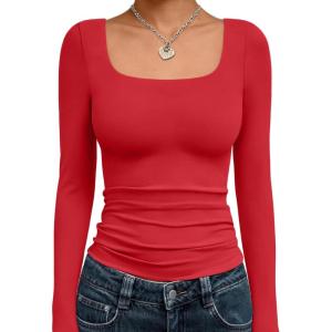 Trendy Queen Womens Long Sleeve Shirts Crop Tops Fall Fashion 2025 Square Neck Going Out Basics Tees Y2k Clothes(Red)