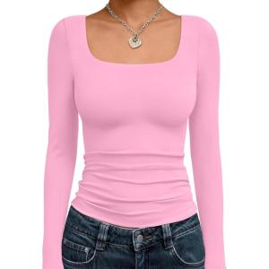 Trendy Queen Womens Long Sleeve Shirts Crop Tops Fall Fashion 2025 Square Neck Going Out Basics Tees Y2k Clothes(Rose Pink)