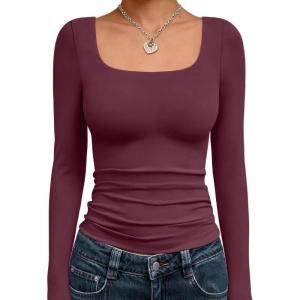 Trendy Queen Womens Long Sleeve Shirts Crop Tops Fall Fashion 2025 Square Neck Going Out Basics Tees Y2k Clothes(Wine Red)