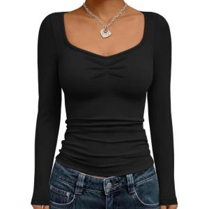 Trendy Queen Womens Long Sleeve Shirts Going Out Crop Tops Sweetheart Neck Workout Tops(Black)