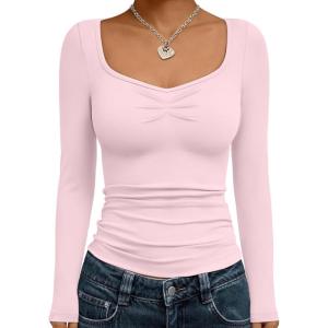 Trendy Queen Womens Long Sleeve Shirts Going Out Crop Tops Sweetheart Neck Workout Tops(Pink)