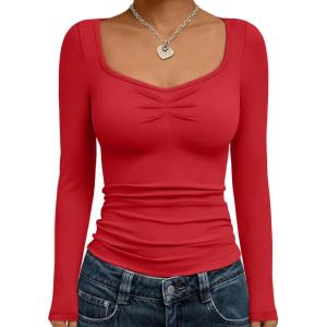 Trendy Queen Womens Long Sleeve Shirts Going Out Crop Tops Sweetheart Neck Workout Tops(Red)