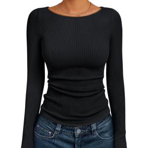 Trendy Queen Womens Long Sleeve Shirts Ribbed Underscrub Tops Boat Neck Basic Tees Fall Fashion Clothes 2025(Black)