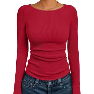 Trendy Queen Womens Long Sleeve Shirts Ribbed Underscrub Tops Boat Neck Basic Tees Fall Fashion Clothes 2025(Red)