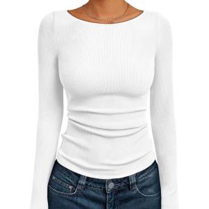 Trendy Queen Womens Long Sleeve Shirts Ribbed Underscrub Tops Boat Neck Basic Tees Fall Fashion Clothes 2025(White)