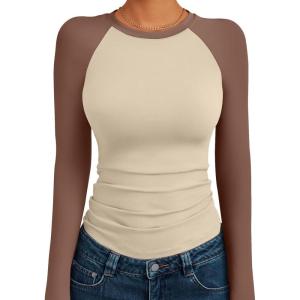 Trendy Queen Women’s Long Sleeve Shirts Slim Fit Stretchy Color Block Slightly Cropped Tops(Beige Brown Combo)