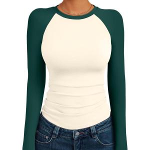 Trendy Queen Women’s Long Sleeve Shirts Slim Fit Stretchy Color Block Slightly Cropped Tops(Beige Emerald Combo)