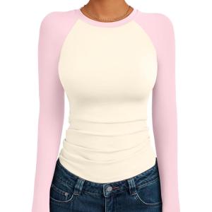Trendy Queen Women’s Long Sleeve Shirts Slim Fit Stretchy Color Block Slightly Cropped Tops(Beige Pink Combo)